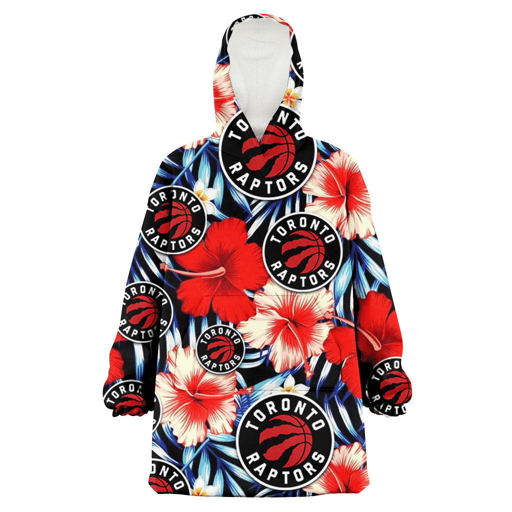 Toronto Raptors Coral Red Hibiscus Blue Palm Leaf Black Background 3D Printed Hoodie Blanket Snug Hoodie