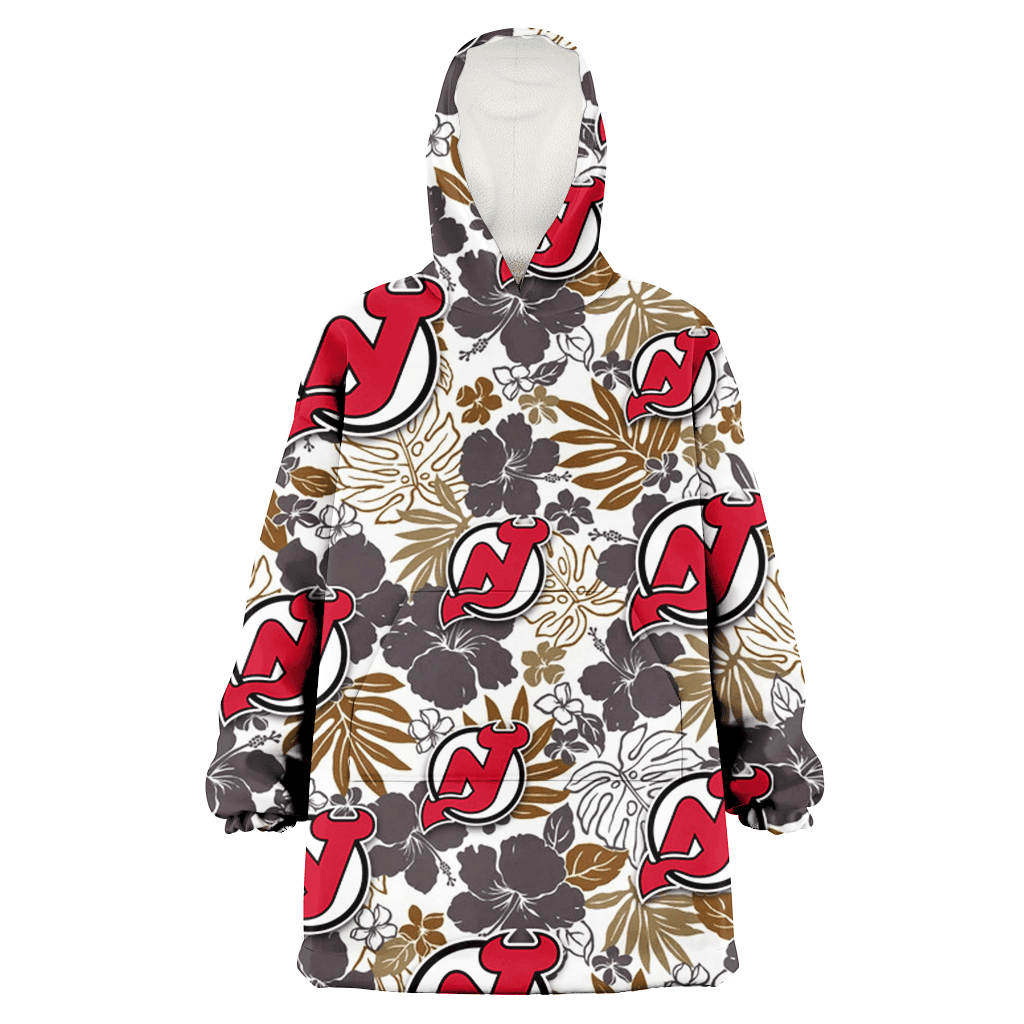 New Jersey Devils Dark Brown Hibiscus Brown Leaves White Background 3D Printed Hoodie Blanket Snug Hoodie