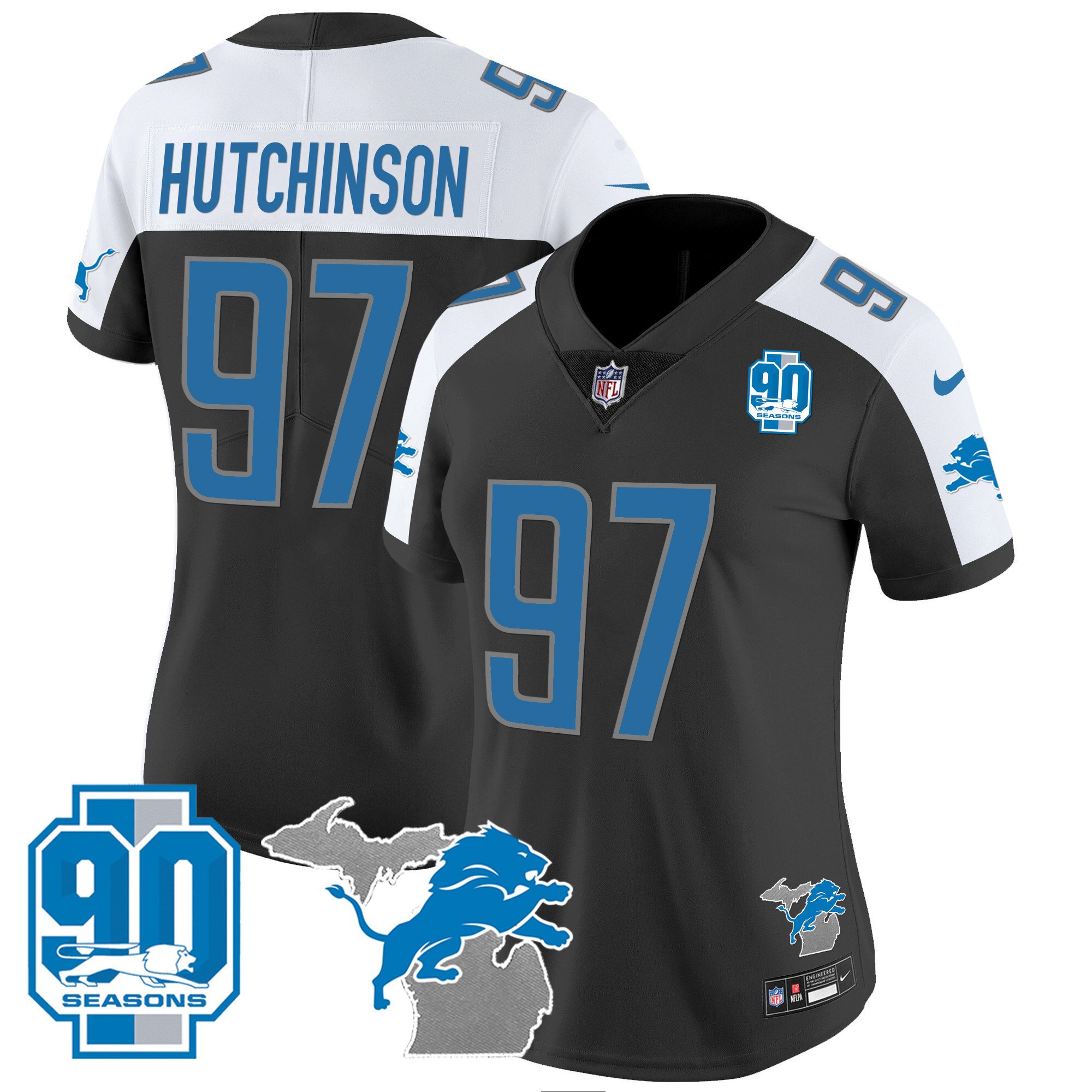 Women’S Detroit Lions 90Th Year & Michigan Patch Vapor Jersey – All Stitched