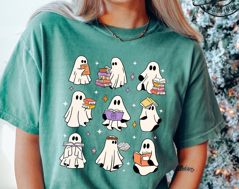 Comfort Colors® Ghost Reading Books Shirt, Bookish Halloween Shirt, Teacher Librarian Halloween Gift, Halloween Book Lover, Halloween School  - Onlyshirt Fashion