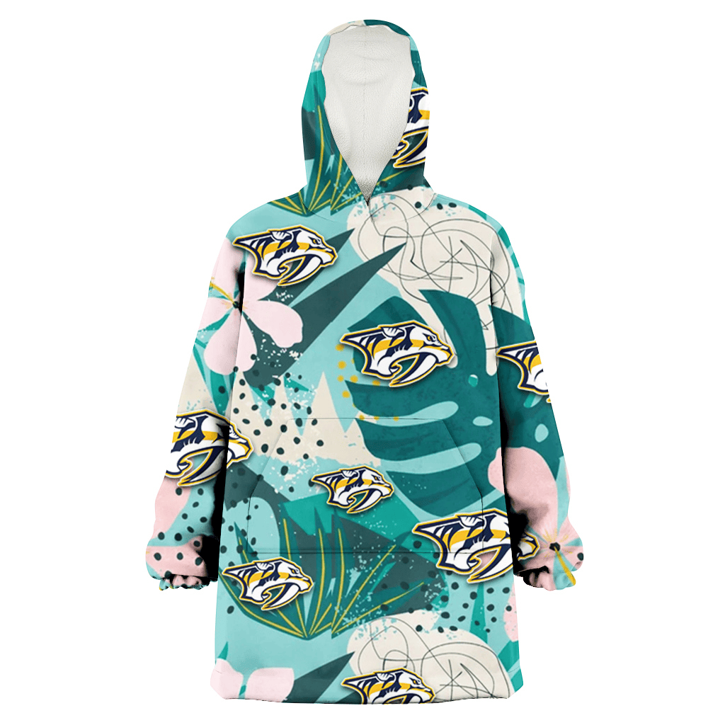 Nashville Predators Pastel Hibiscus Palm Leaf Tiny Dot Green Background 3D Printed Hoodie Blanket Snug Hoodie