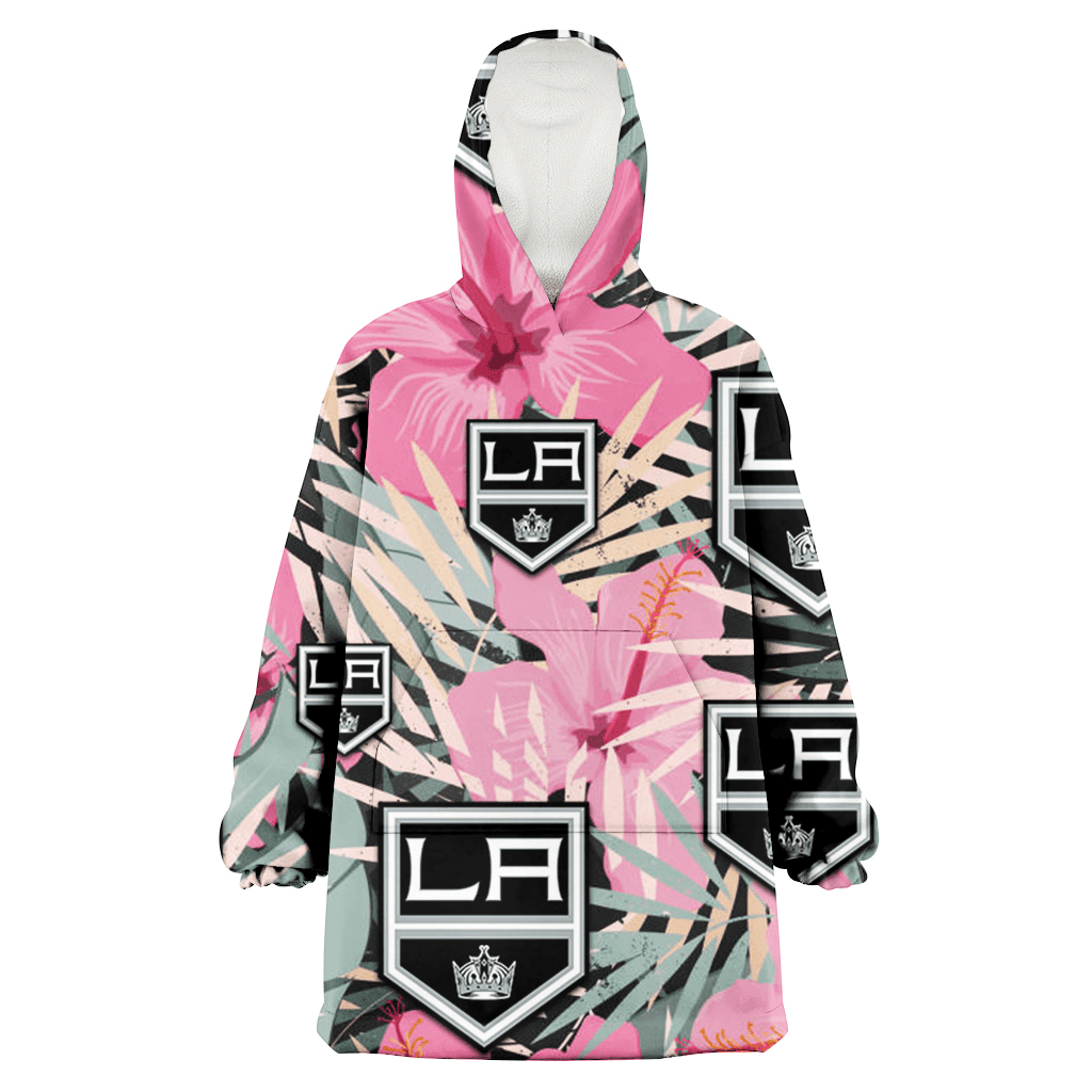 Los Angeles Kings Light Pink Hibiscus Pale Green Leaf Black Background 3D Printed Hoodie Blanket Snug Hoodie