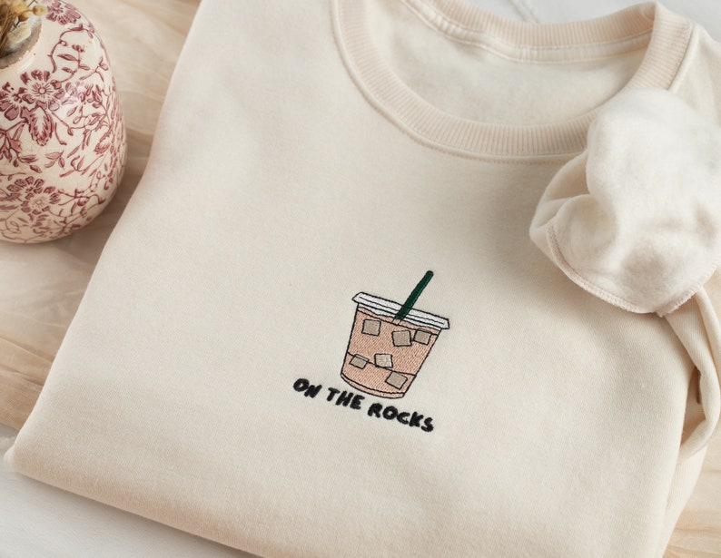 Embroidered On The Rocks Iced Coffee Sweatshirt, Embroidered Iced Coffee Crewneck, Gifts for Coffee Lover, Coffee Addiction Sweatshirt