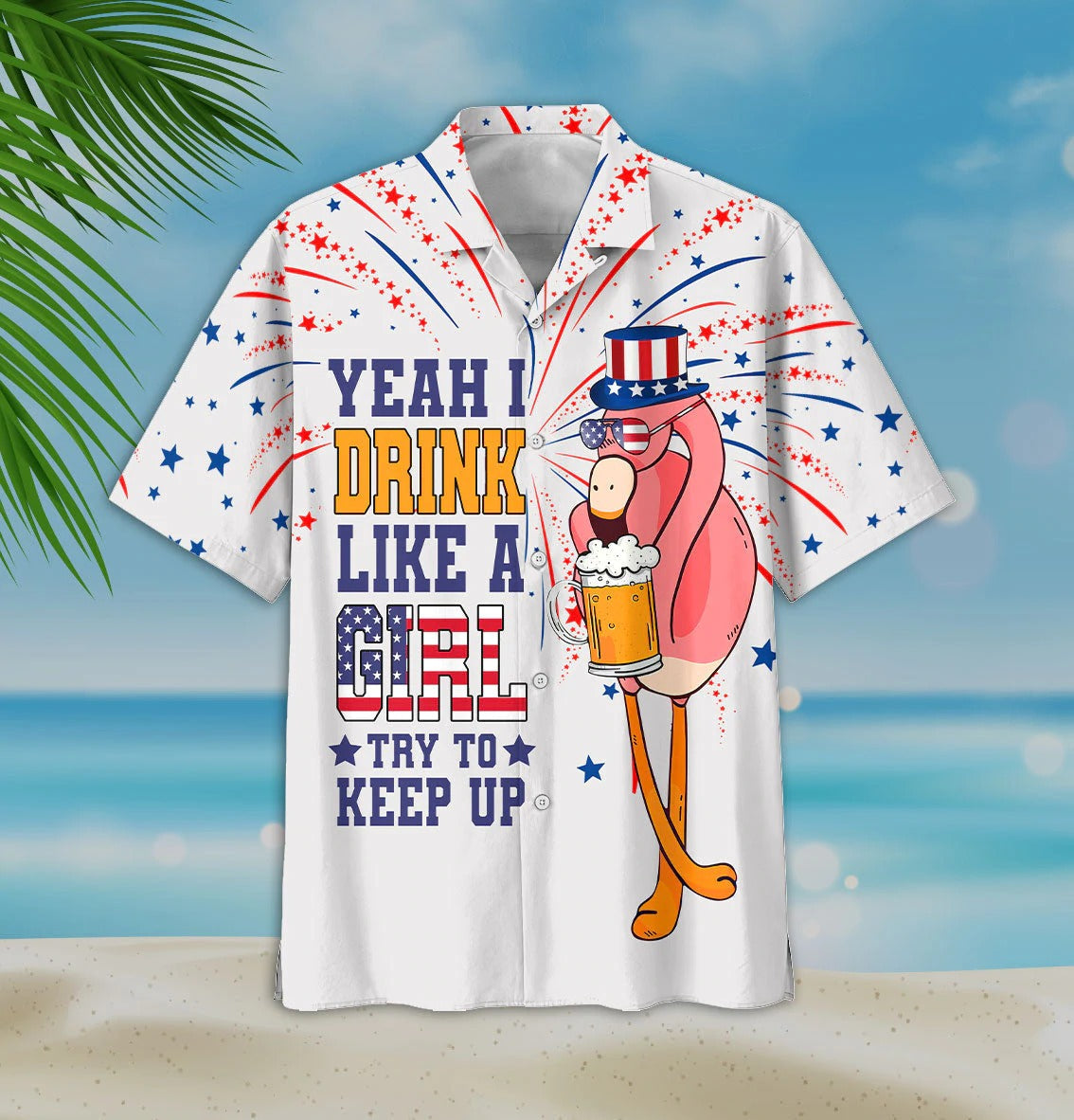 Funny Flamingo Aloha Hawaiian Shirt, Flamingo Drinking Beer Aloha Shirt, Independence Day Gifts