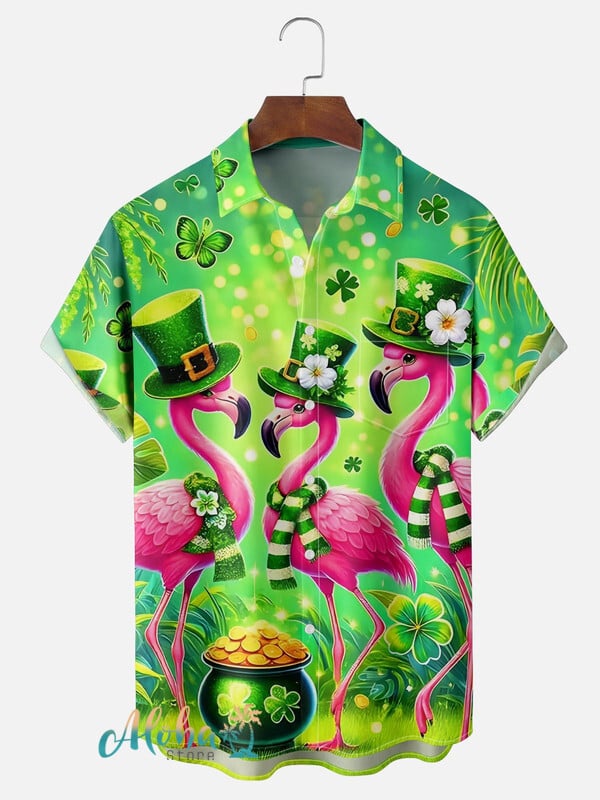St. Patrick’S Day Flamingo Hawaiian Shirt – Lucky Green Clover & Gold Coins Design
