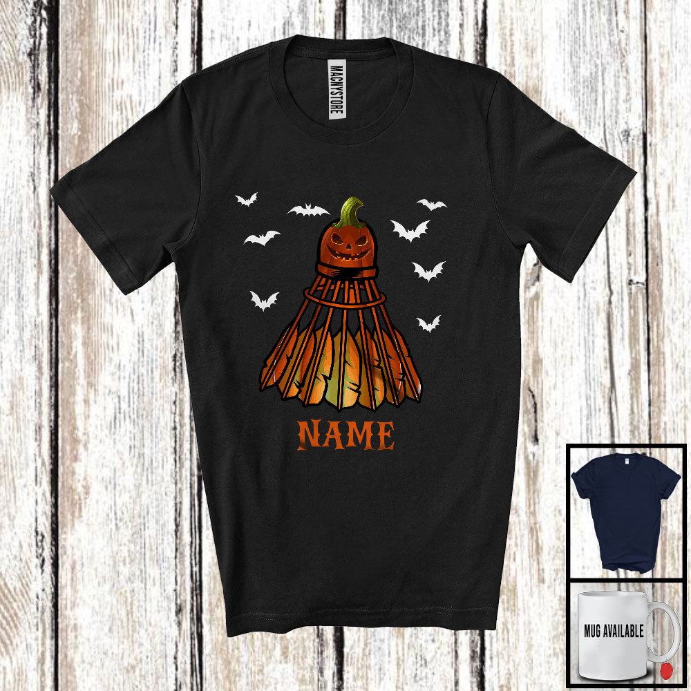Peckshirt  Personalized Badminton Pumpkin Face, Humorous Halloween Custom Name Badminton Player T-Shirt - Print In Your Way