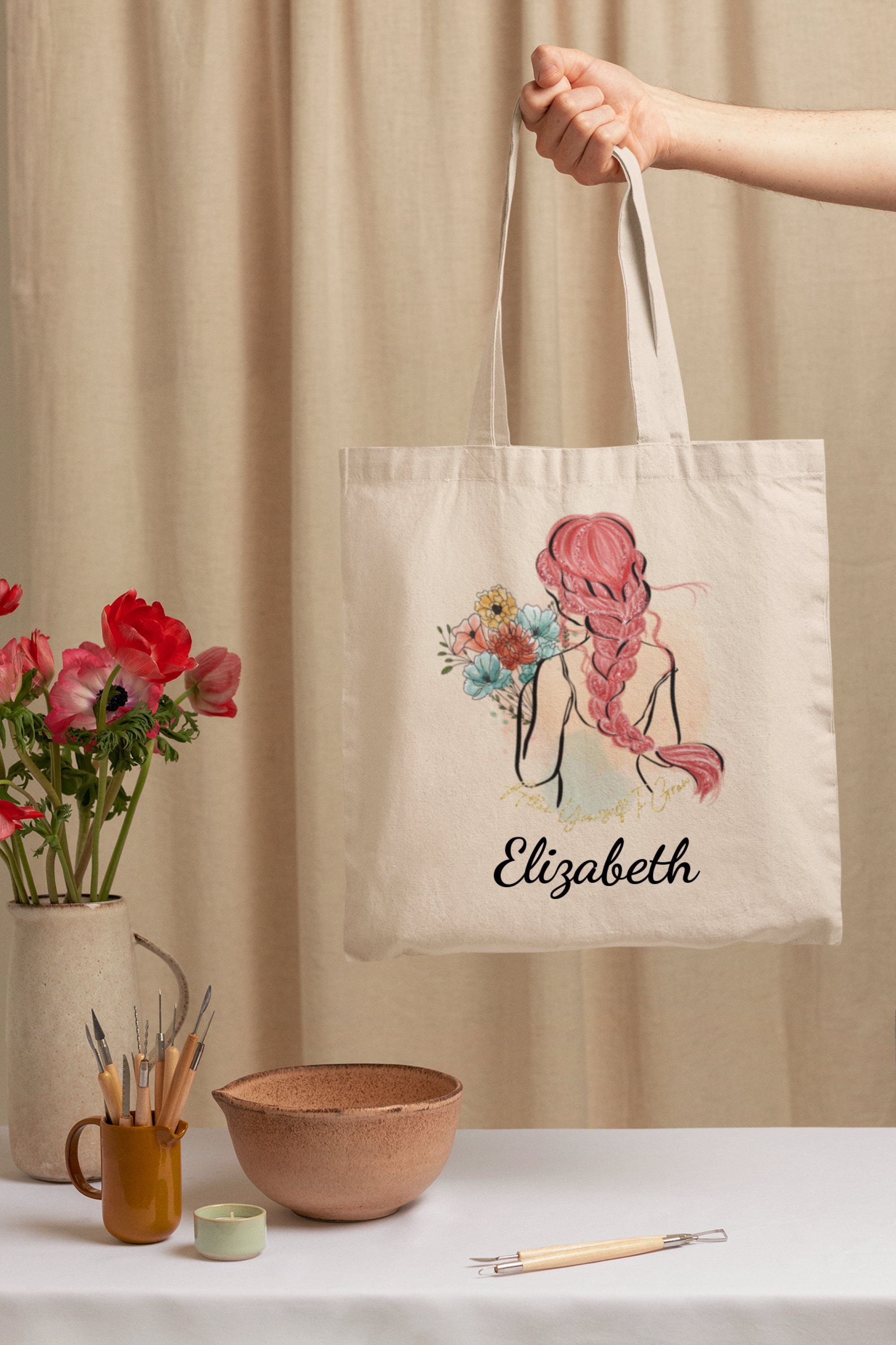 Personalized Canvas Tote Bag | Vintage Girl Tote bag | Boho Tote Bag | Sustainable Bag | Shopping Bag | School Bag | Gift Bag