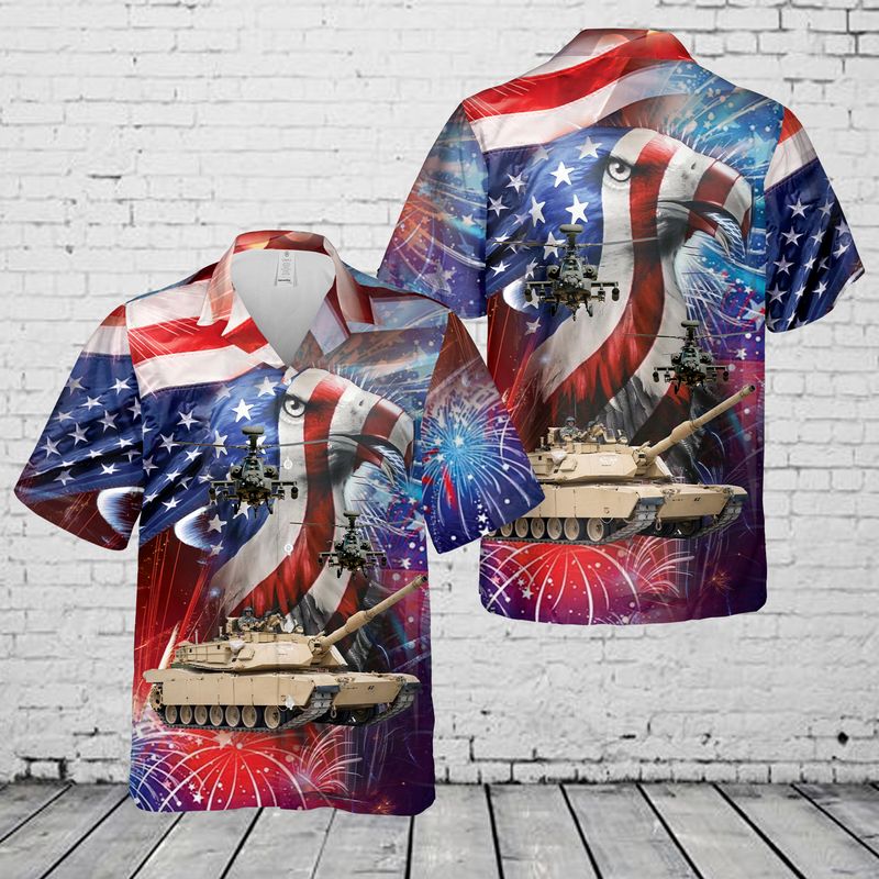 U.S. Army M1 Abrams Main Battle Tank And A Ah-64 Attack Helicopter 4Th Of July Hawaiian Shirt, Patriotic Hawaiian Shirt For Men