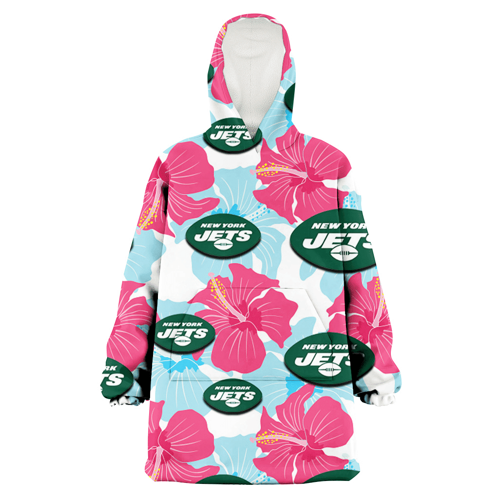 New York Jets Pink Blue Hibiscus White Background 3D Printed Hoodie Blanket Snug Hoodie