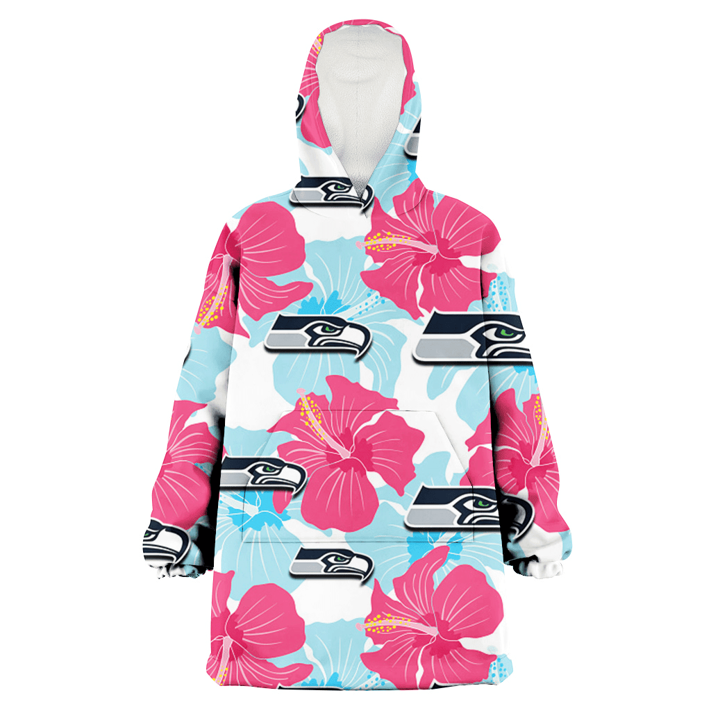 Seattle Seahawks Pink Blue Hibiscus White Background 3D Printed Hoodie Blanket Snug Hoodie