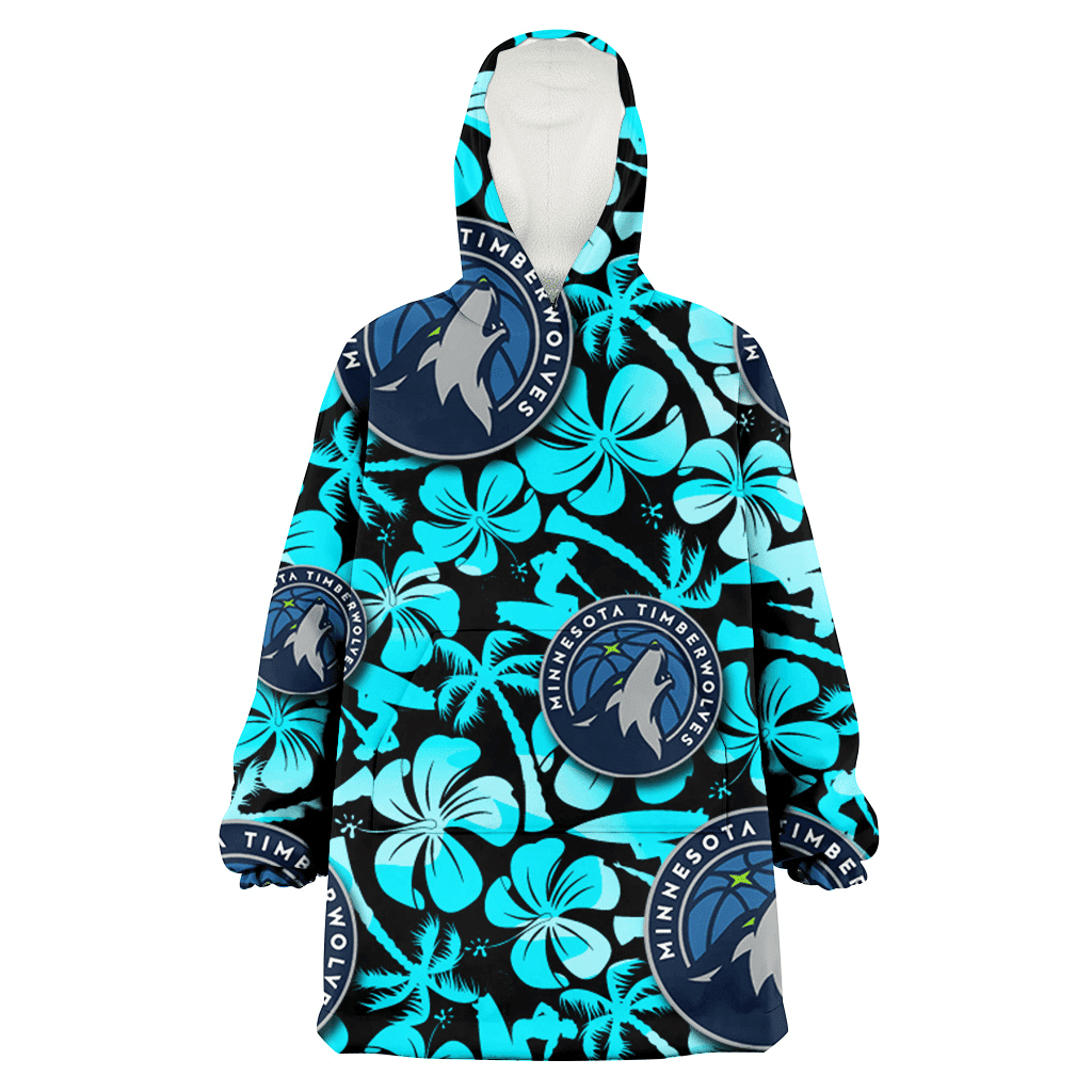 Minnesota Timberwolves Blue Hibiscus Blue Coconut Tree Black Background 3D Printed Hoodie Blanket Snug Hoodie