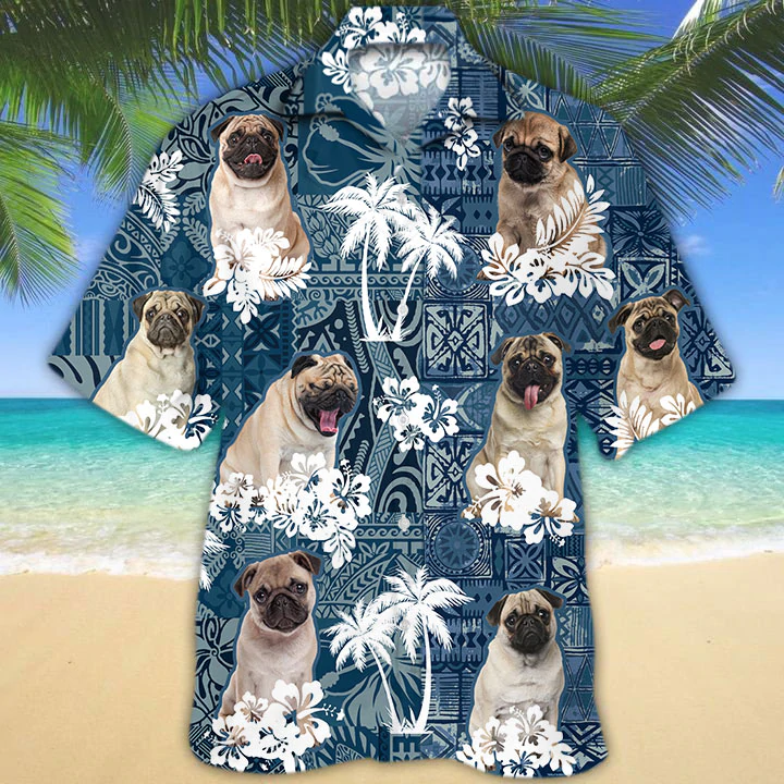 Pug Hawaiian Shirt, Beach Floral Dog Short Sleeve Hawaiian Aloha Shirt, Summer Hawaiian Shirt For Men, Women