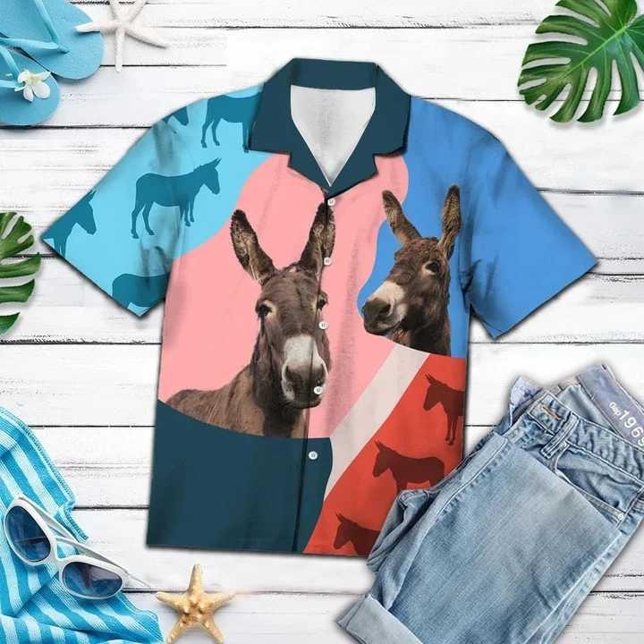 Pink And Blue Geometric With Donkey Hawaiian Shirt