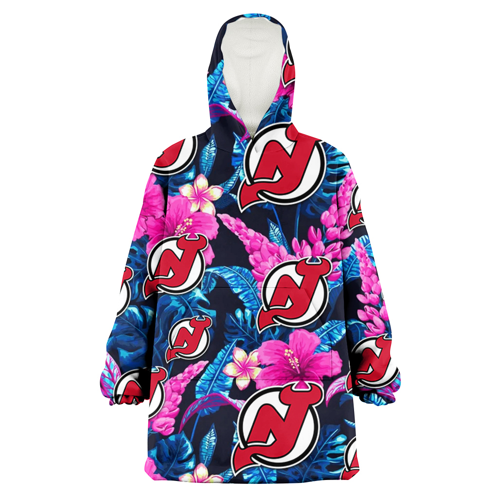 New Jersey Devils Violet Red Hibiscus Blue Leaf Black Background 3D Printed Hoodie Blanket Snug Hoodie