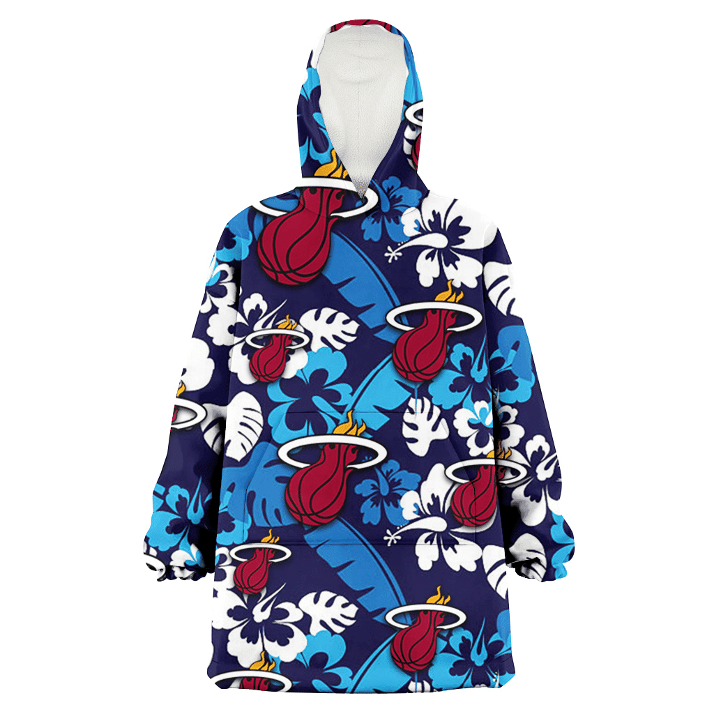 Miami Heat Light Blue Hibiscus Banana Leaf Navy Background 3D Printed Hoodie Blanket Snug Hoodie