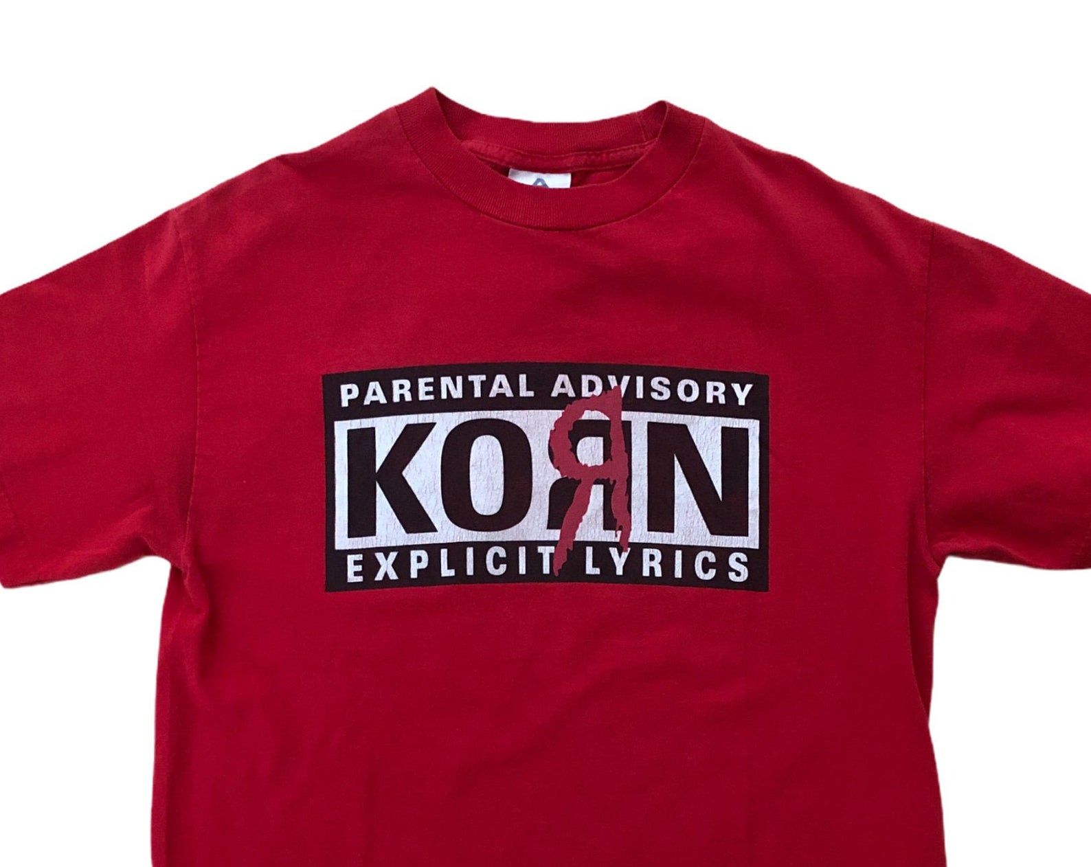 Korn Parental Advisory Explicit Lyrics Vintage 90S Y2K Nu Metal Rock Rap Tee Freak On A Leash Falling Away Red Band T-Shirt