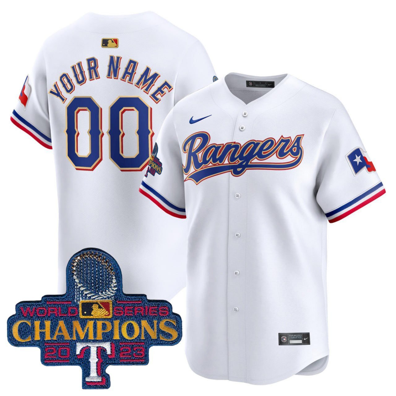 Texas Rangers 2023 World Series Champions Gold Trim Vapor Premier Limited Custom White Jersey V2 – All Stitched