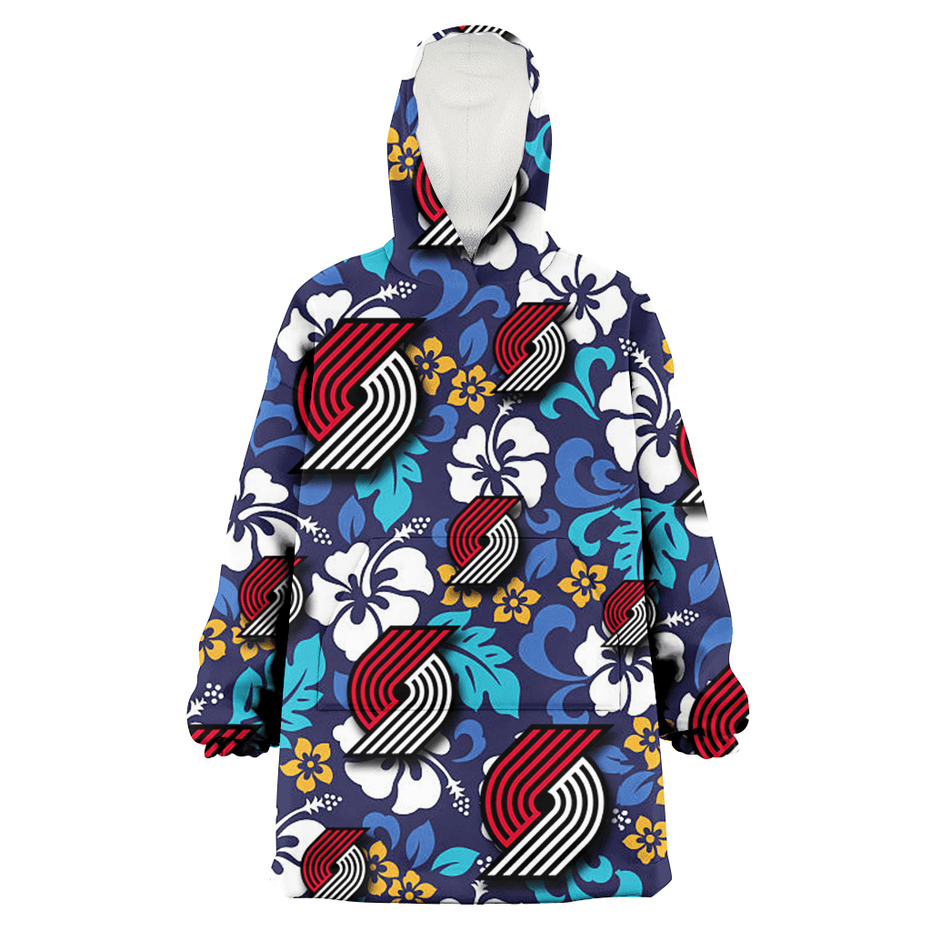 Portland Trail Blazers White Hibiscus Ceramic Style Navy Background 3D Printed Hoodie Blanket Snug Hoodie