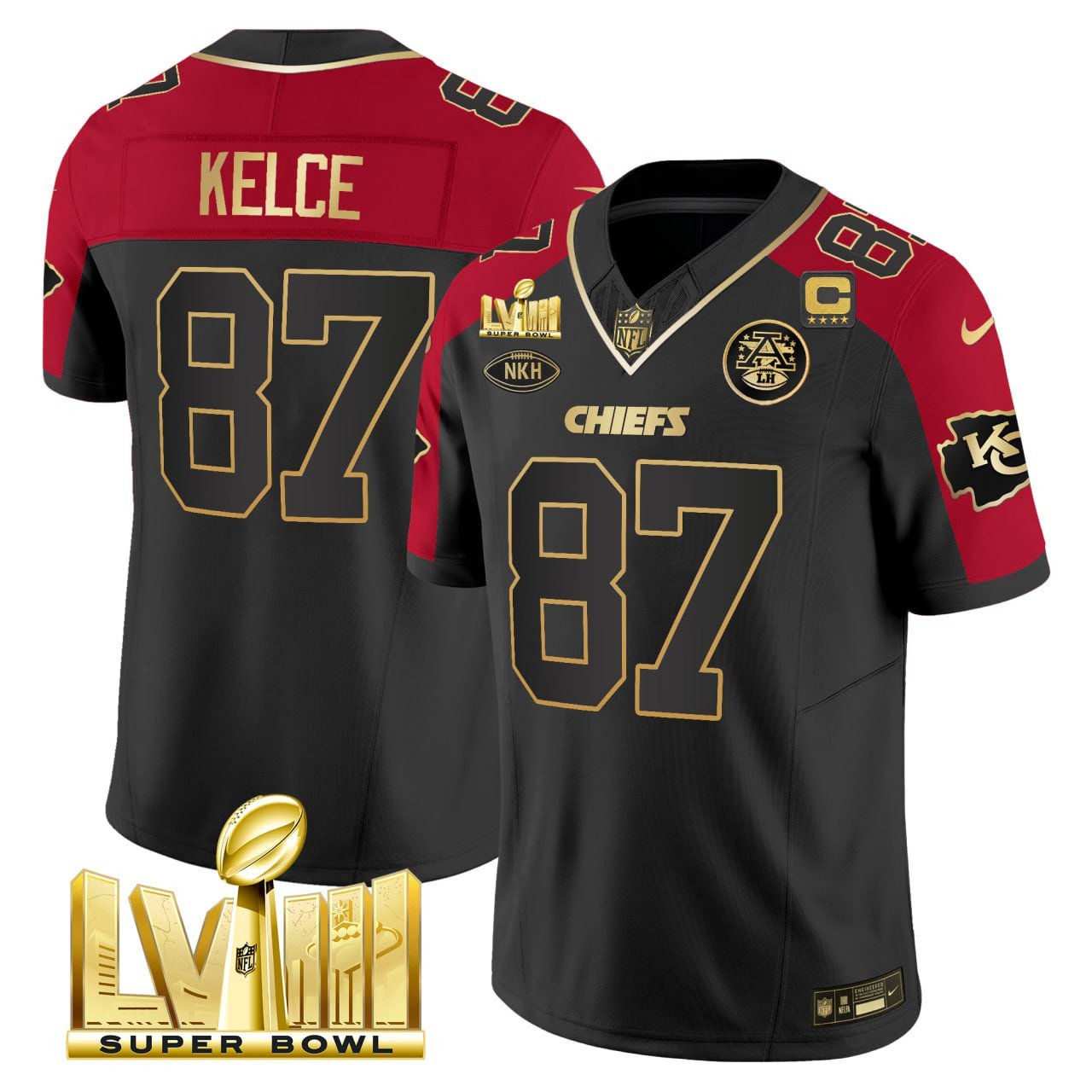 Travis Kelce Kansas City Chiefs Super Bowl Black Red Alternate Jersey – All Stitched