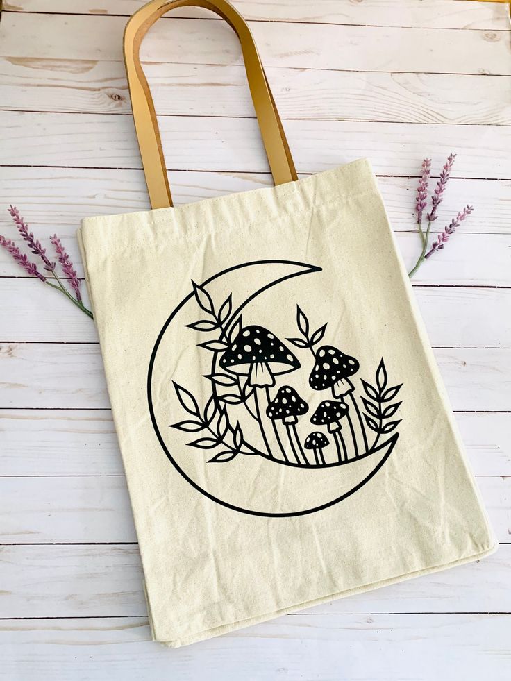 Crescent Moon Mushroom Tote Bag, canvas cream, book bag, Fairycore, Cottagecore, Best Tote Bags Ideas, Cute Tote Bags Ideas, Tote Bag Design Ideas, Girls Tote Bag, Best Canvas Tote Bags Ideas