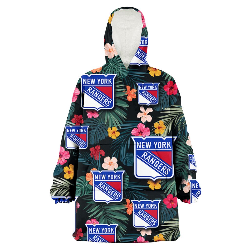 New York Rangers Pink Yellow Orange Hibiscus Big Tropical Leaf Black Background 3D Printed Hoodie Blanket Snug Hoodie