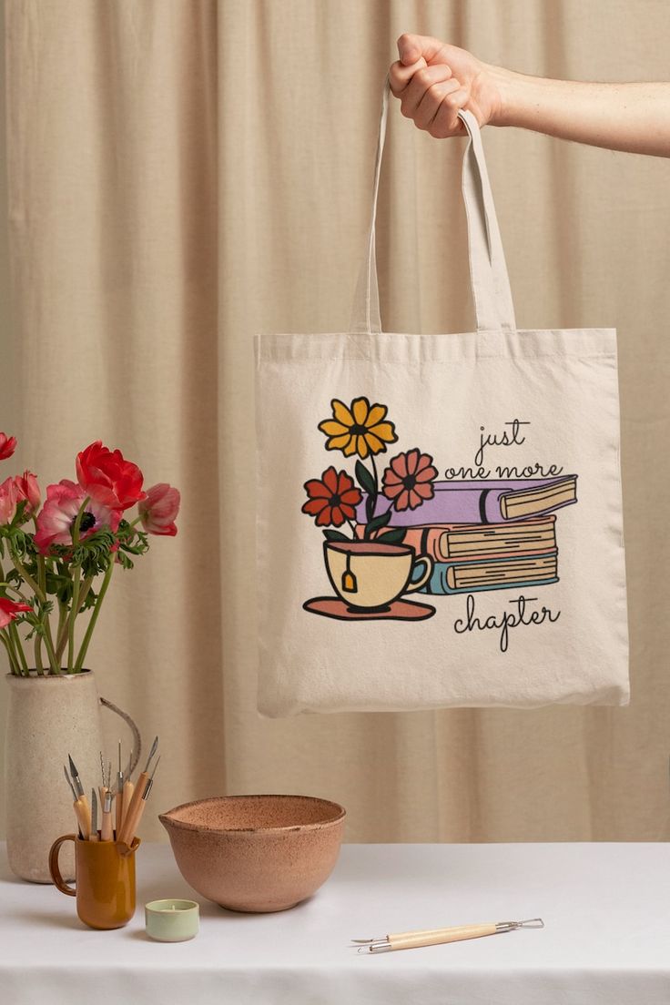 Flower Tea Book Canvas Tote Bag Student Tote Vintage Tote Bag Boho Tote Bag Sustainable Bag Shopping Bag School Bag Gift Bag, Best Tote Bags Ideas, Cute Tote Bags Ideas, Tote Bag Design Ideas, Girls Tote Bag, Best Canvas Tote Bags Ideas