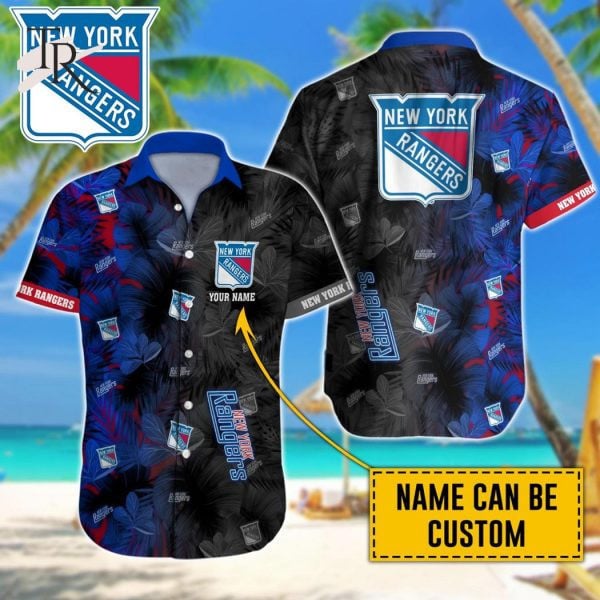 Custom Name Nhl New York Rangers Team Name And Tropical Pattern 3D Hawaiian Shirt