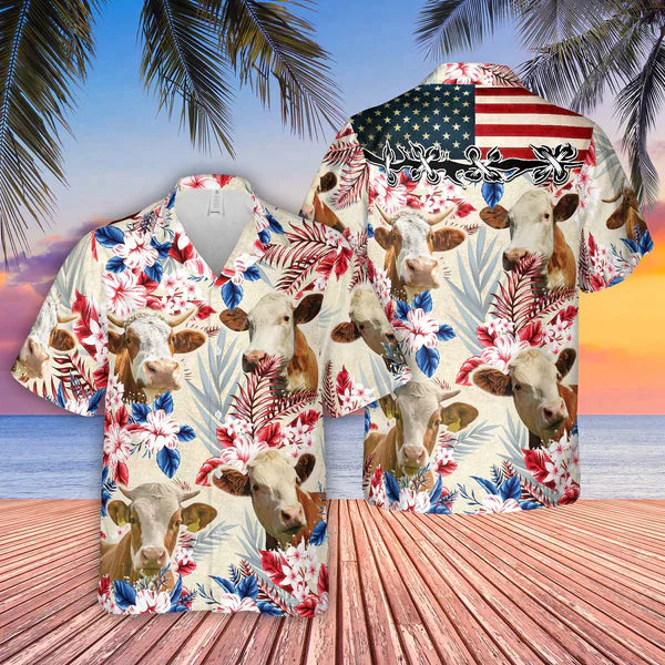 Simmental Pattern Us Flag Hawaiian Shirt, Farm Cow Hawaiian Shirt For Men And Women