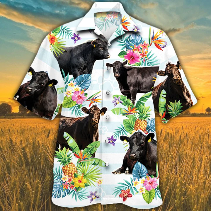 Black Angus Cattle Lovers Tropical Flower Hawaiian Shirt