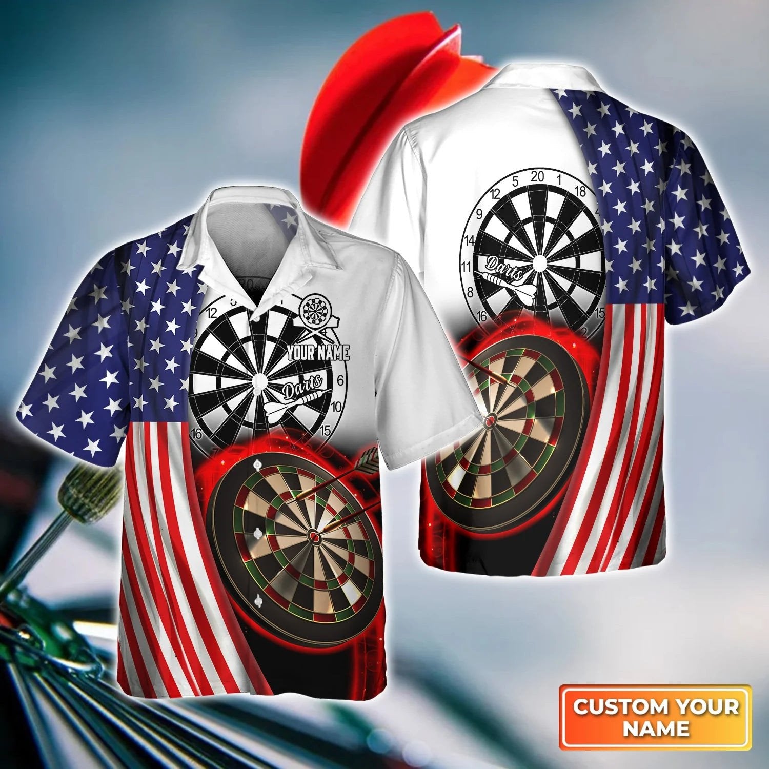 American Flag Dartboart Personalized Name 3D Hawaiian Shirt For Darts Player, Dart Flag Shirt