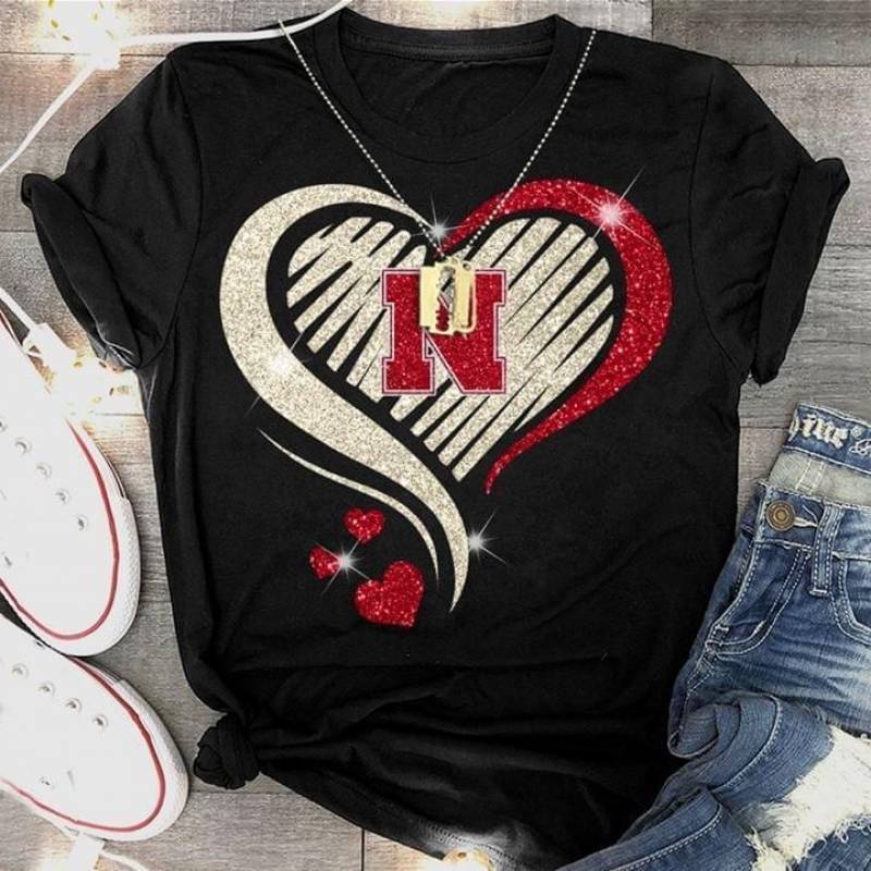 Nebraska Huskers Glitter Heart Shape T Shirt