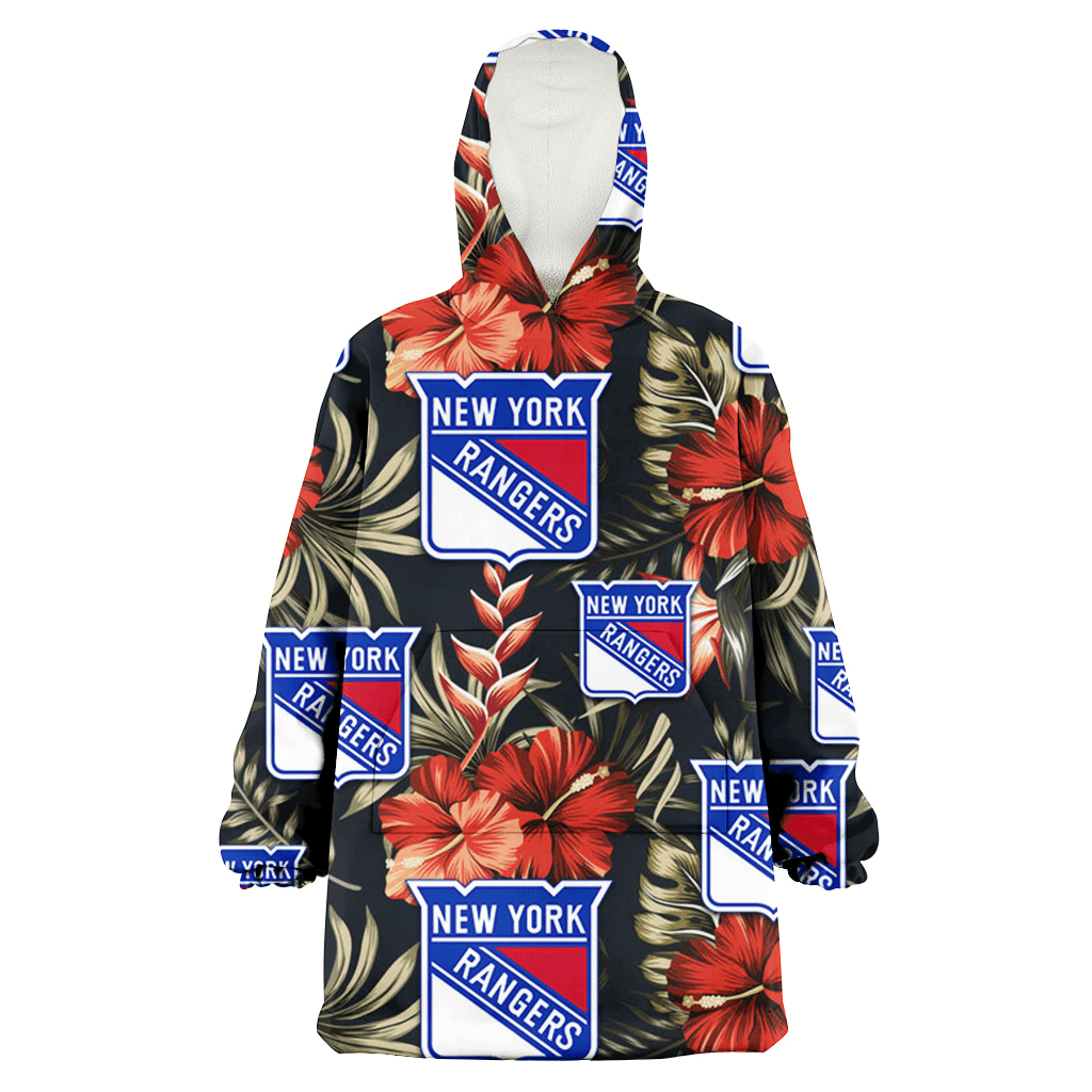 New York Rangers Red Hibiscus Green Leaf Dark Background 3D Printed Hoodie Blanket Snug Hoodie