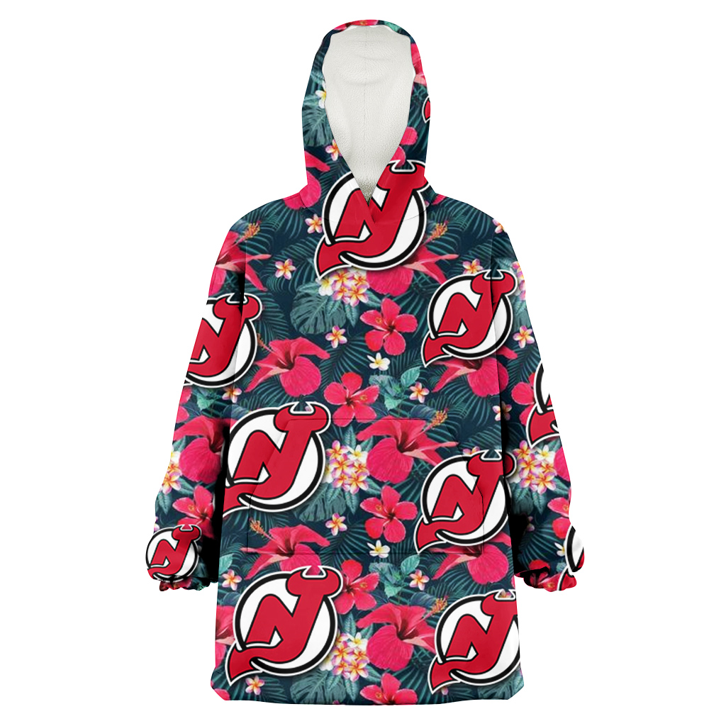 New Jersey Devils Tiny Red Hibiscus White Porcelain Flower Black Background 3D Printed Hoodie Blanket Snug Hoodie