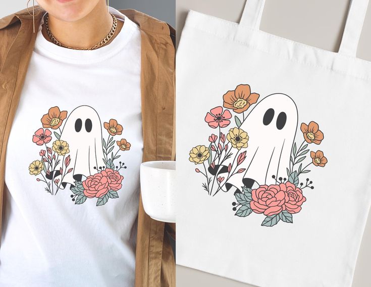 Floral Ghost Design – T Shirt – Tote Bag – Cute Halloween Ghost Floral Design – Colorful Floral Halloween Ghost – Floral Ghost Sublimation, Best Tote Bags Ideas, Cute Tote Bags Ideas, Tote Bag Design Ideas, Girls Tote Bag, Best Canvas Tote Bags Ideas