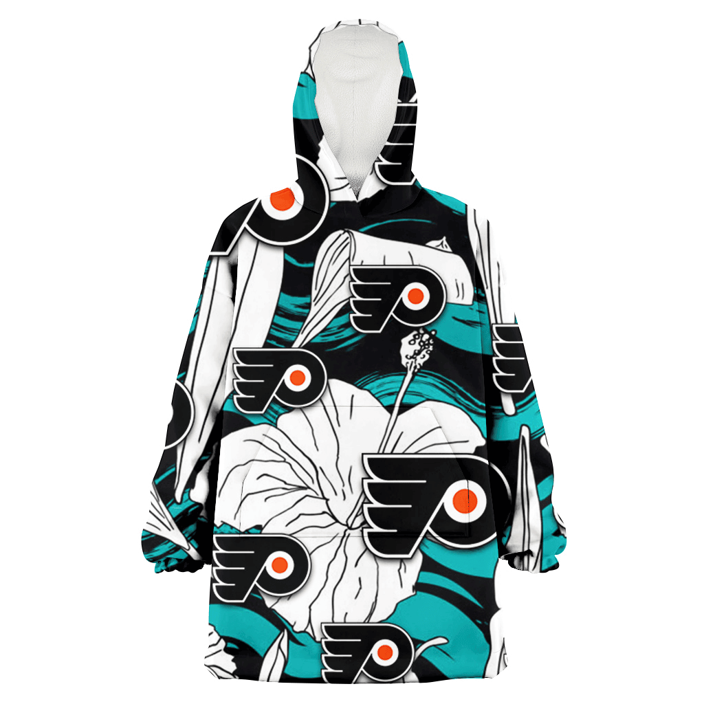 Philadelphia Flyers White Hibiscus Turquoise Wave Black Background 3D Printed Hoodie Blanket Snug Hoodie