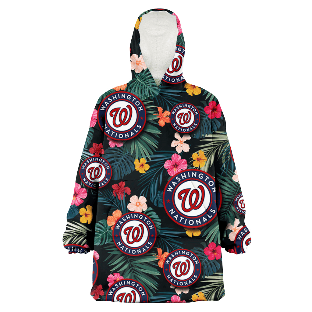 Washington Nationals Pink Yellow Orange Hibiscus Big Tropical Leaf Black Background 3D Printed Hoodie Blanket Snug Hoodie