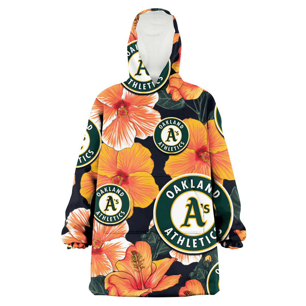 Oakland Athletics Orange Hibiscus Dark Green Leaf Black Background 3D Printed Hoodie Blanket Snug Hoodie