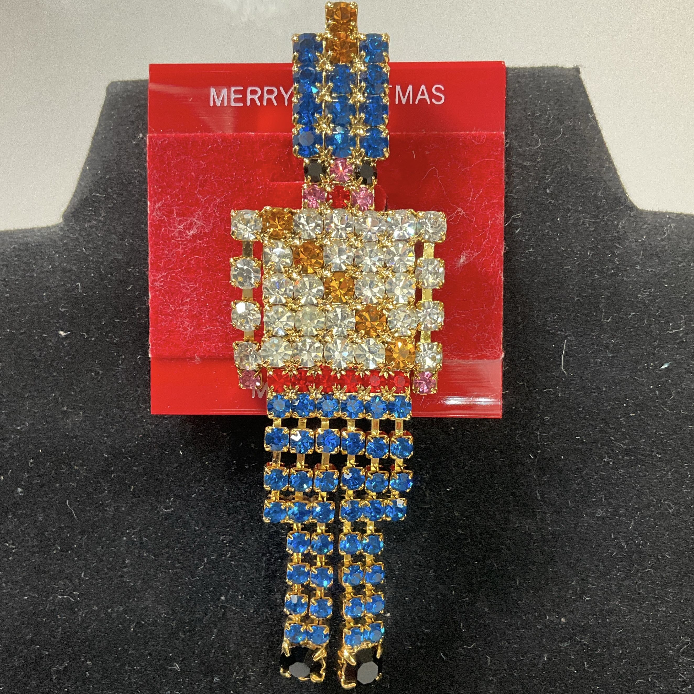 Rhinestone Soldier Dangle Articulated Christmas Brooch 3.5" Fashion Jewelry