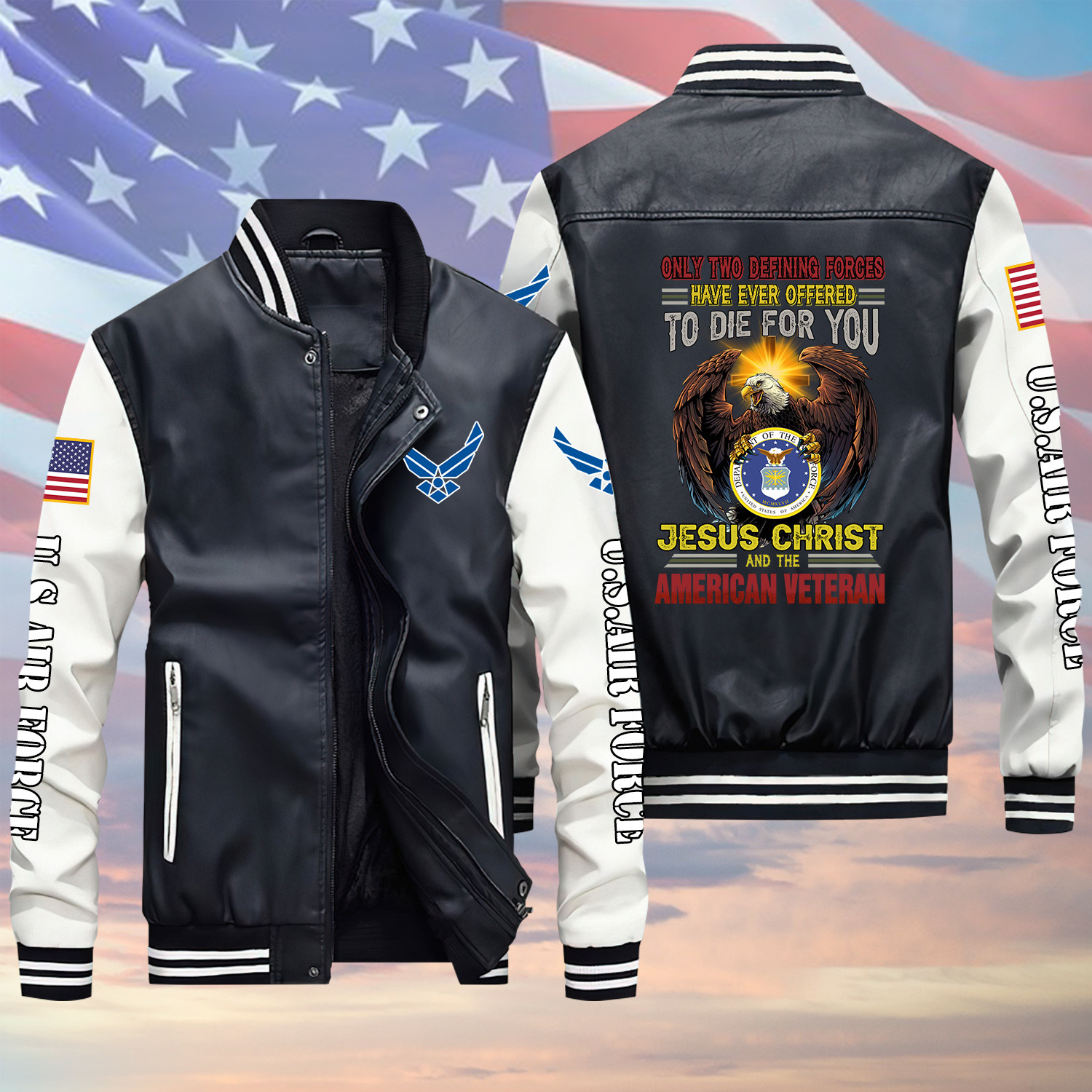 Only Two Defining Forces U.S Air Force Veteran Black Winter Gear Leather Bomber Leterman Varsity Jacket