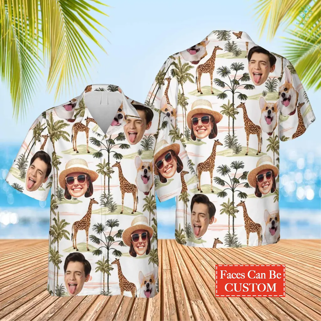 Custom Photo Family Funny Giraffe Palm Tree Hawaiian Shirt, Custom Hawaiian Shirt, Gift For Men Women