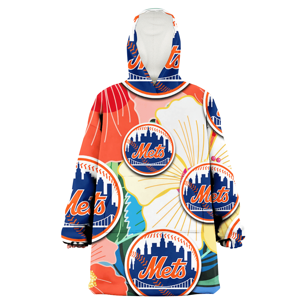 New York Mets Orange White Tropical Hibiscus Green Leaf 3D Printed Hoodie Blanket Snug Hoodie