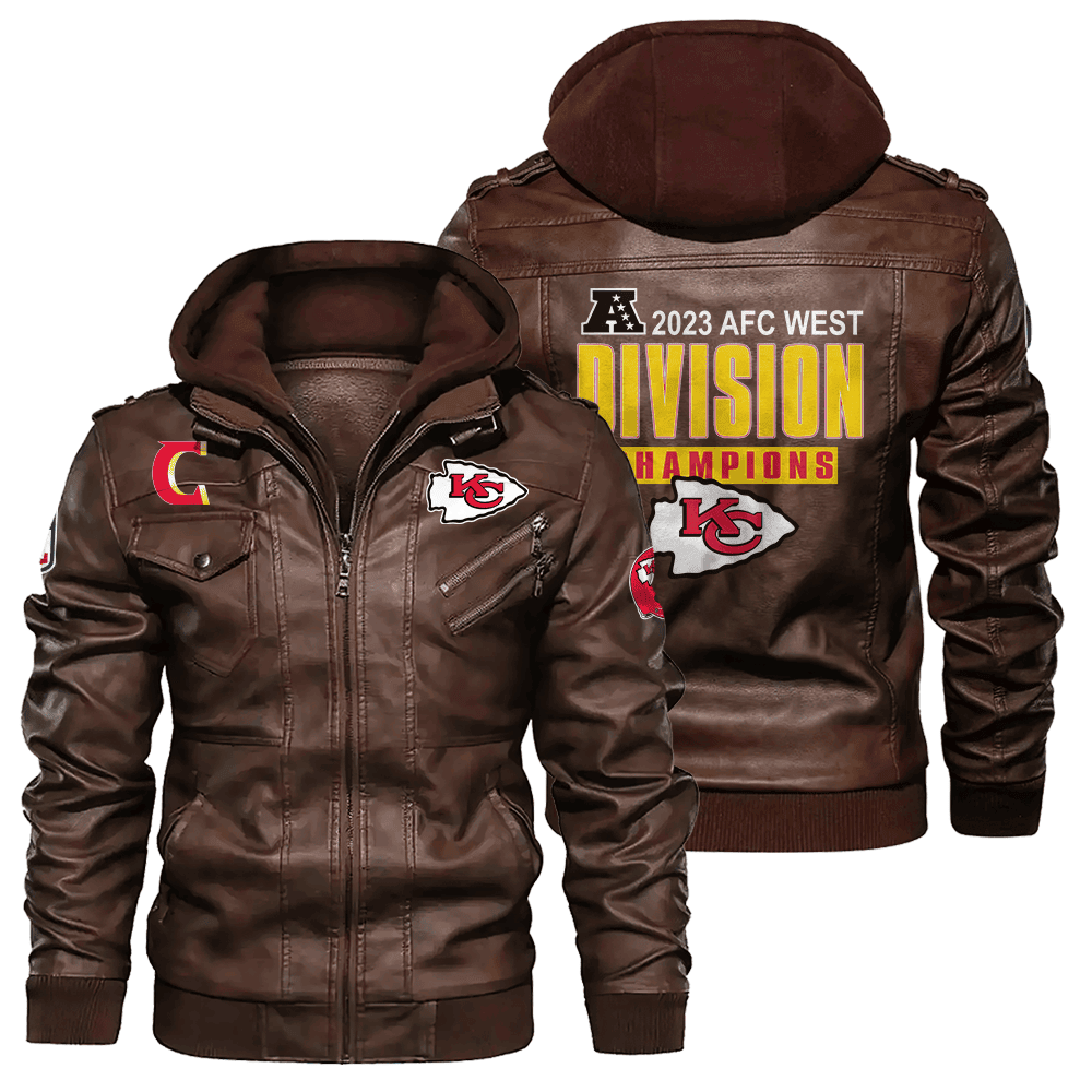 Kansas City Chiefs NFL 2023 AFC West Champions Zip Brown Leather Jacket With Hood