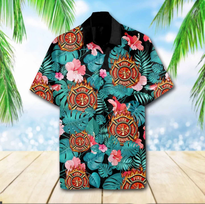 Firefighter Tropical Forest Design Hawaiian Shirt