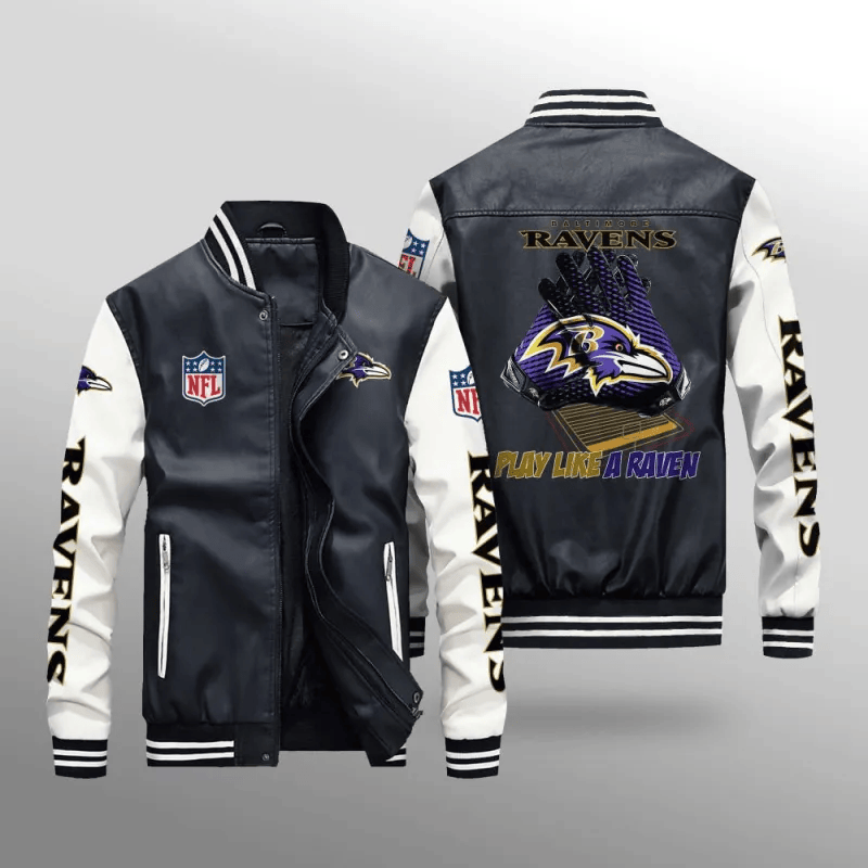 Baltimore Ravens NFL Team Personalized Name Back Logo Baseball Mitt Pattern Leather Bomber Jacket