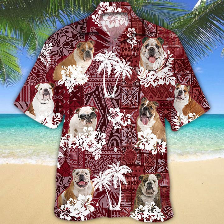 English Bulldog Hawaiian Shirt, Cool Hawaiian Shirt With Dog Red Tribal Pattern