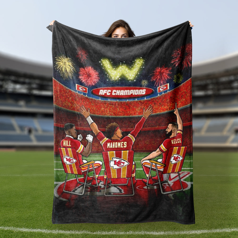 Onlytee - Soft Fleece Blanket - Kansas City Chiefs Victory Day Mahomes Hill Kelce Cartoon Print Blanket Sherpa Blanket Football Fan Gift