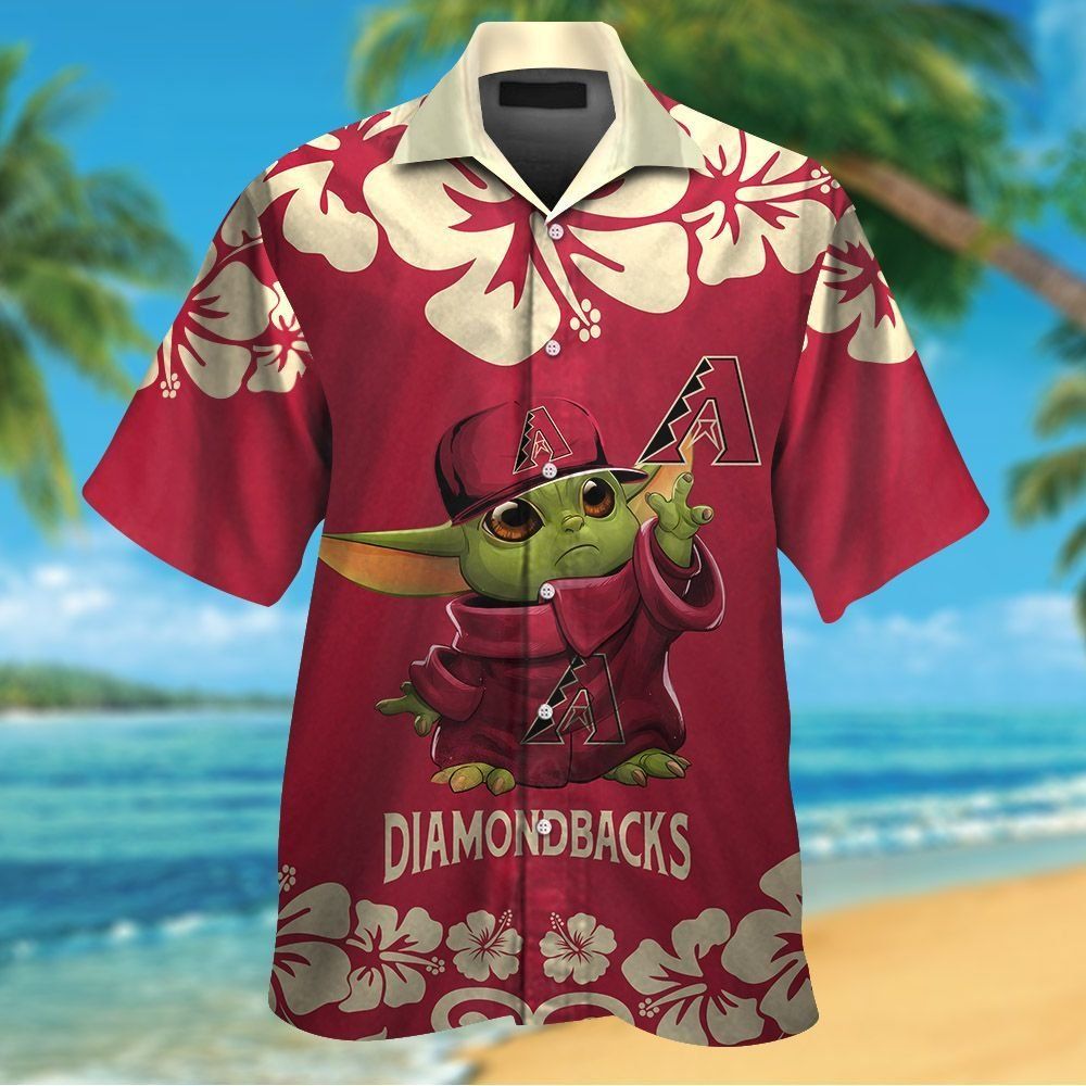 Arizona Diamondbacks Baby Yoda Short Sleeve Button Up Tropical Hawaiian Shirt