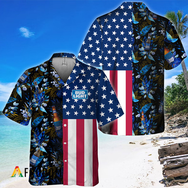 Us Flag Bud Light Tropical Flowers Hawaiian Shirt