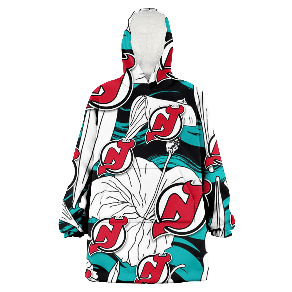 New Jersey Devils White Hibiscus Turquoise Wave Black Background 3D Printed Hoodie Blanket Snug Hoodie