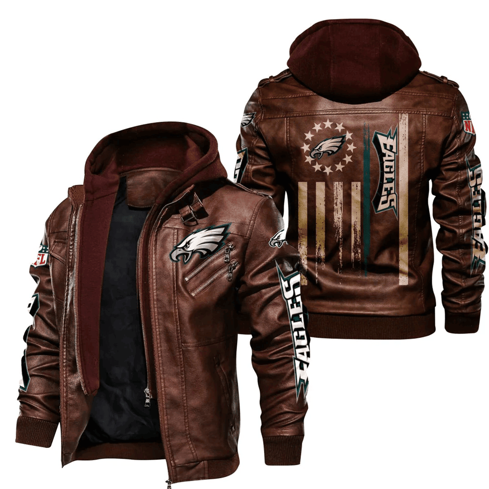 Philadelphia Eagles Flag Zip Leather Jacket With Hood